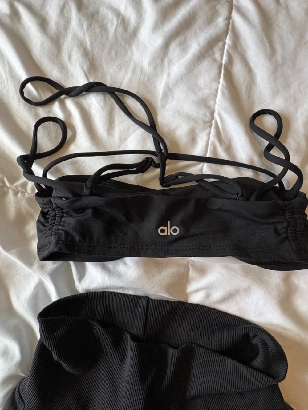 ALO Yoga Black Strappy Sports Bra and High Waist Shorts Set